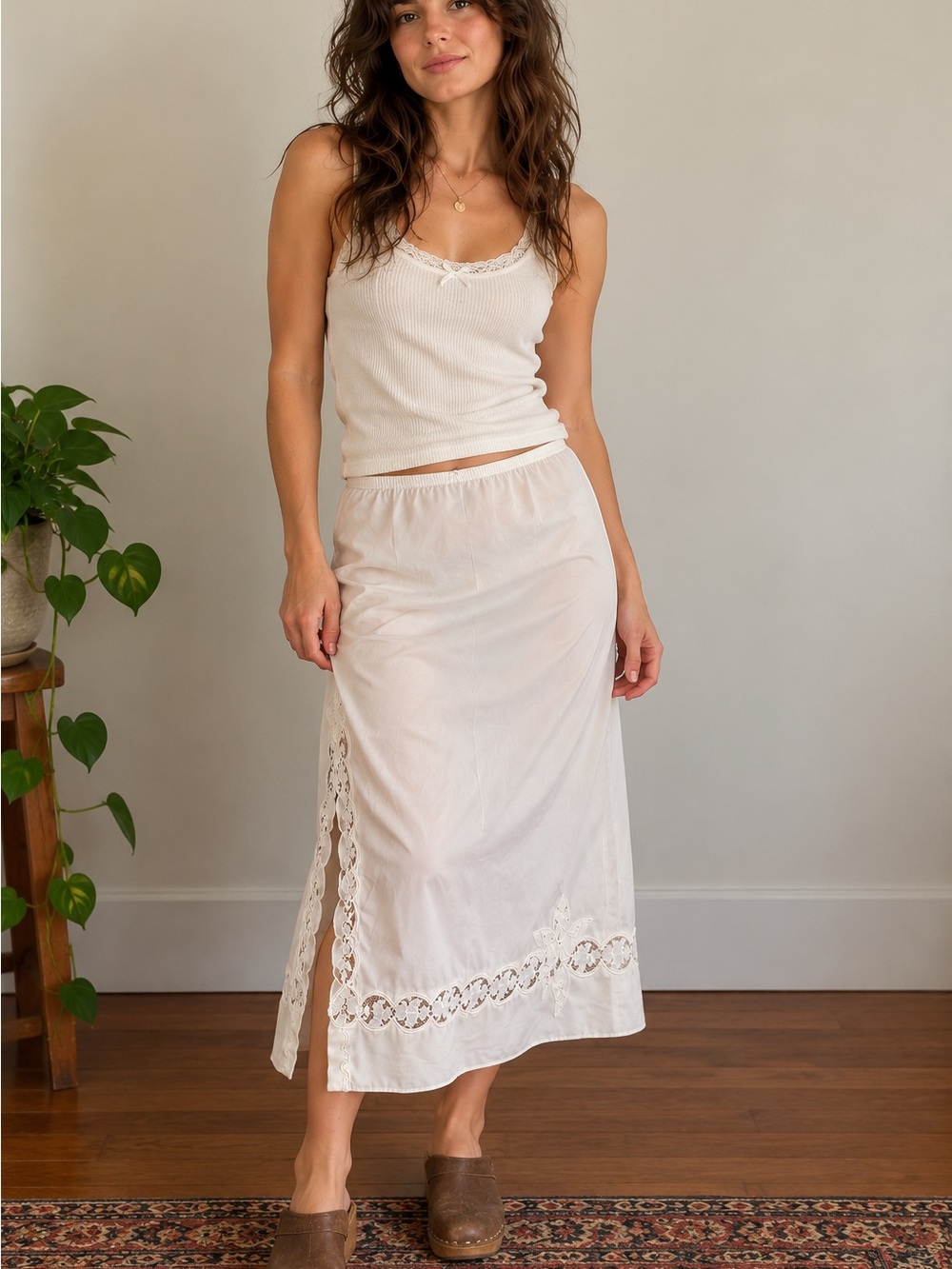 Vintage 70s Olga White Full Slip | Lace Maxi Lingerie | Size Large